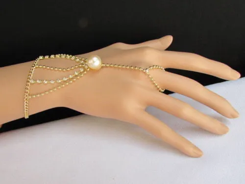 Gold Silver Thin Dressy Hand Chain Bracelet Big Imitation Pearl Bead Net Wrist