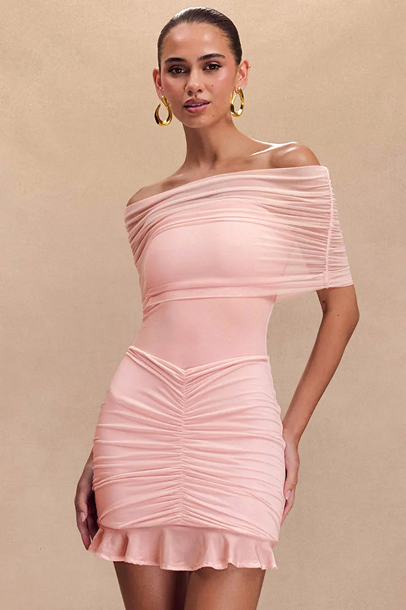 Mesh Sleeveless Off Shoulder Ruched Mini Dress